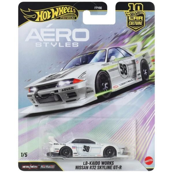 Hot Wheels Aero Styles LB Kaido Works Nissan R32 Skyline GT-R Car Culture 1:64 Scale Die-Cast Car 1/5 (White)